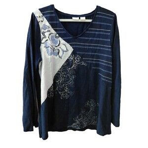 Chico's Zenergy Navy Blue Floral Mixed Media Tunic Top Size 2 (12/14)